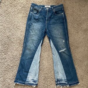 AMO babe jean in dive bar destroy distressed colorblock panel boot flare size 31